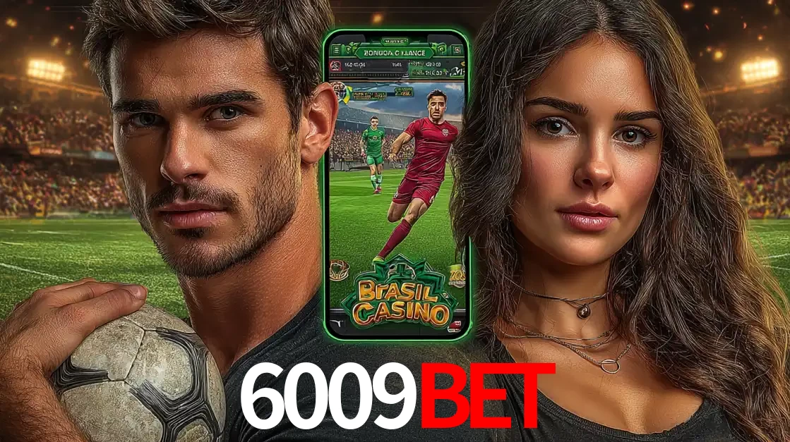Homem segurando uma bola de futebol e uma mulher ao lado de um smartphone exibindo o jogo de apostas esportivas da 6009bet. Faça seu palpite no cassino online.
